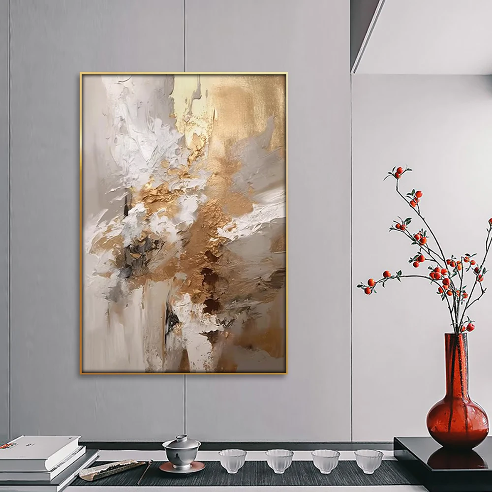 Modern Home Decor 100% Hand-Painted Abstract Gold Oil Painting Wall Decor with Leaf Theme Handmade Canvas Framed Gift