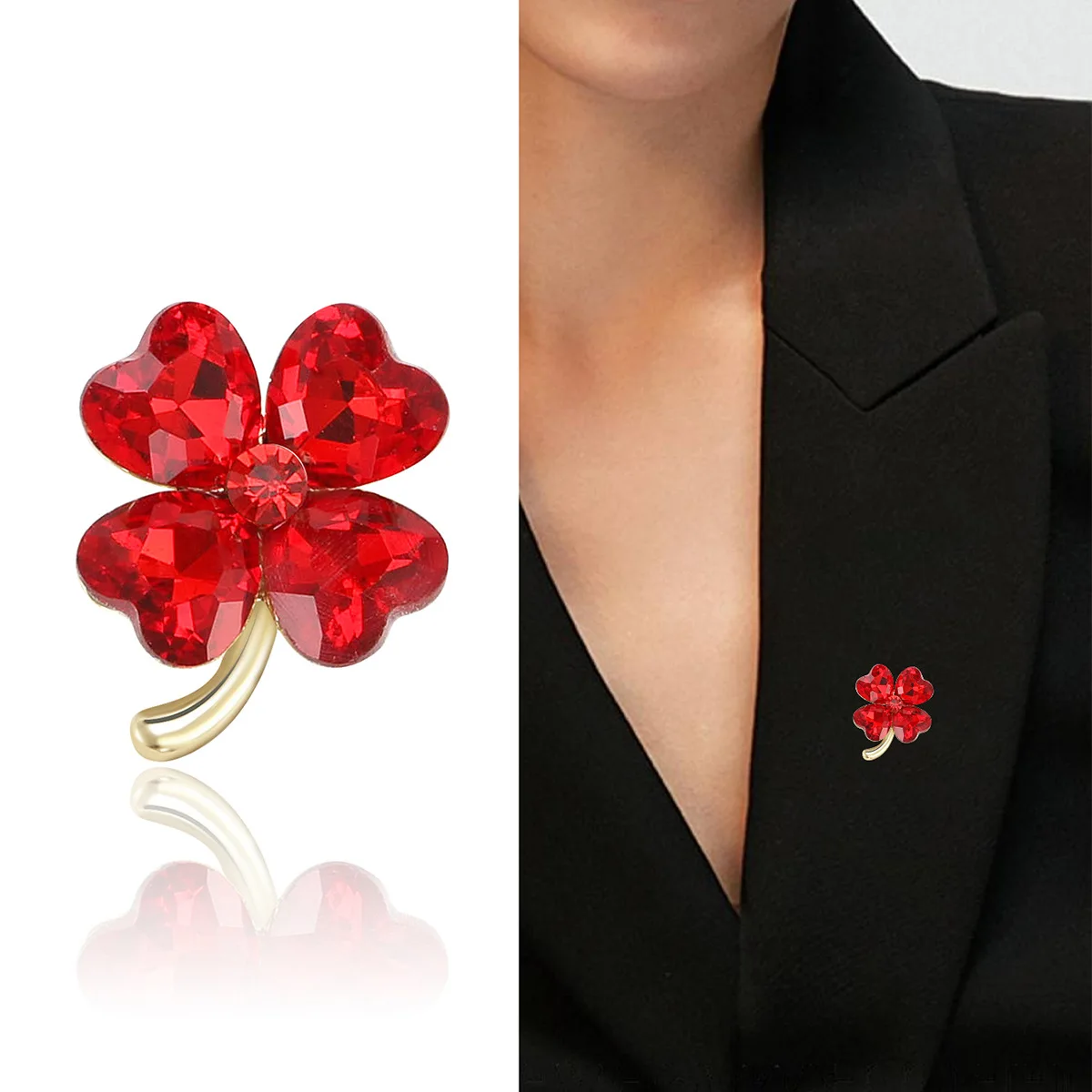 Simple Designer Flower Pins Small Rhinestone Brooch Alloy Red Green Rhinestone Four-leaf Clover Brooch Pin For Gift