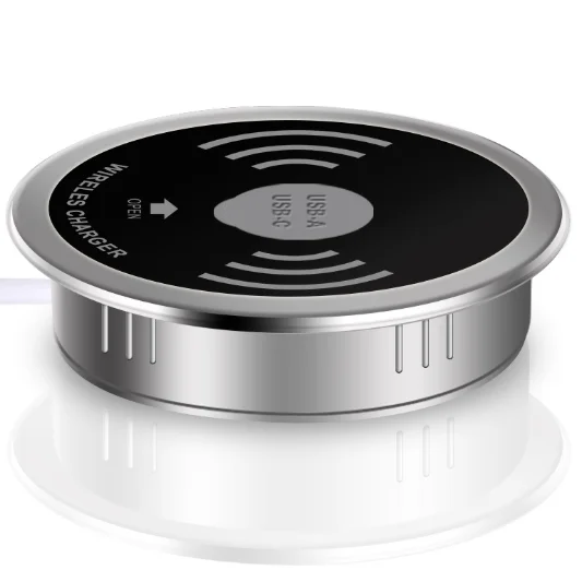 Desktop Waterproof Qi Wireless Charger with usb type-c/ Built-in Office Desk Grommet Wireless furniture module Charging Station
