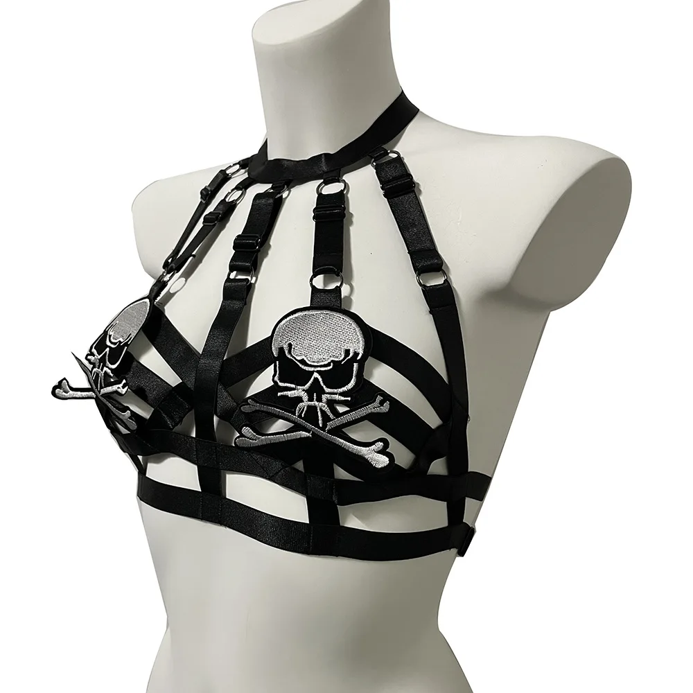Gothic Woman sexy Wild Lingerie Elastic Bondage Body Harness Cage Bra Halloween Skull  rave outfit Nightclub Dance BDSM Hot Bra