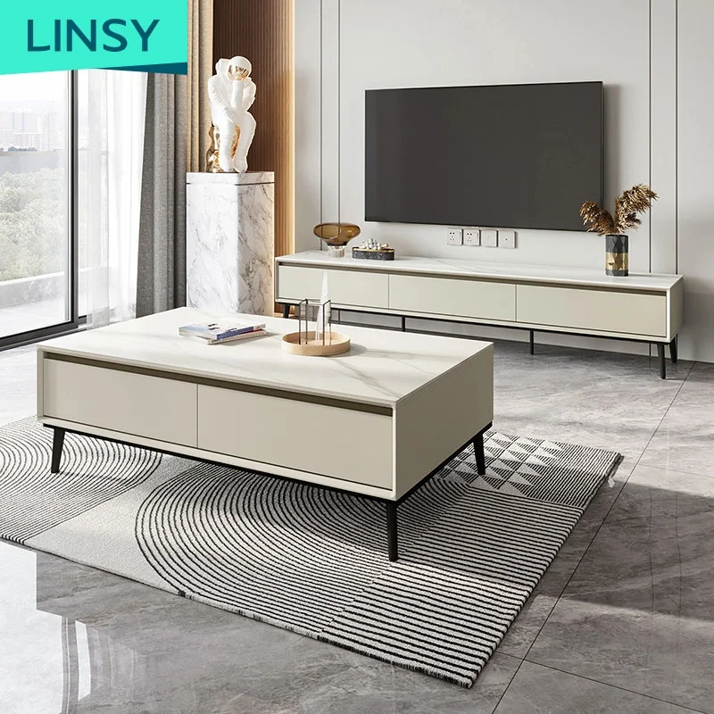 Linsy Nordic Modern Luxury Marble Tv Table And Coffee Table Rectangle Set Storage Wood Living Room Furniture LS988M1