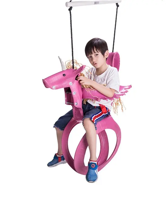 
outside children swing Recycled Tire swing ,kids Swing for Kids 3 to 10 years old, Pink Unicorn 