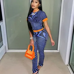 Summer Womens Clothing Perspective Zebra Stripe Print Matching Short Sleeve 2pc Cropped Top Outfits Two Piece Pants Set