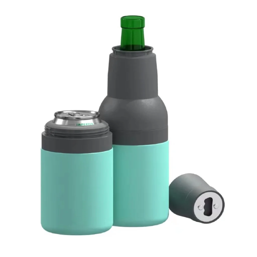 Beer Holder 2 GO Vacuum Insulated Insulators Koozy Double Walled Stainless Steel Beer Can and Bottle Cooler with Beer Opener