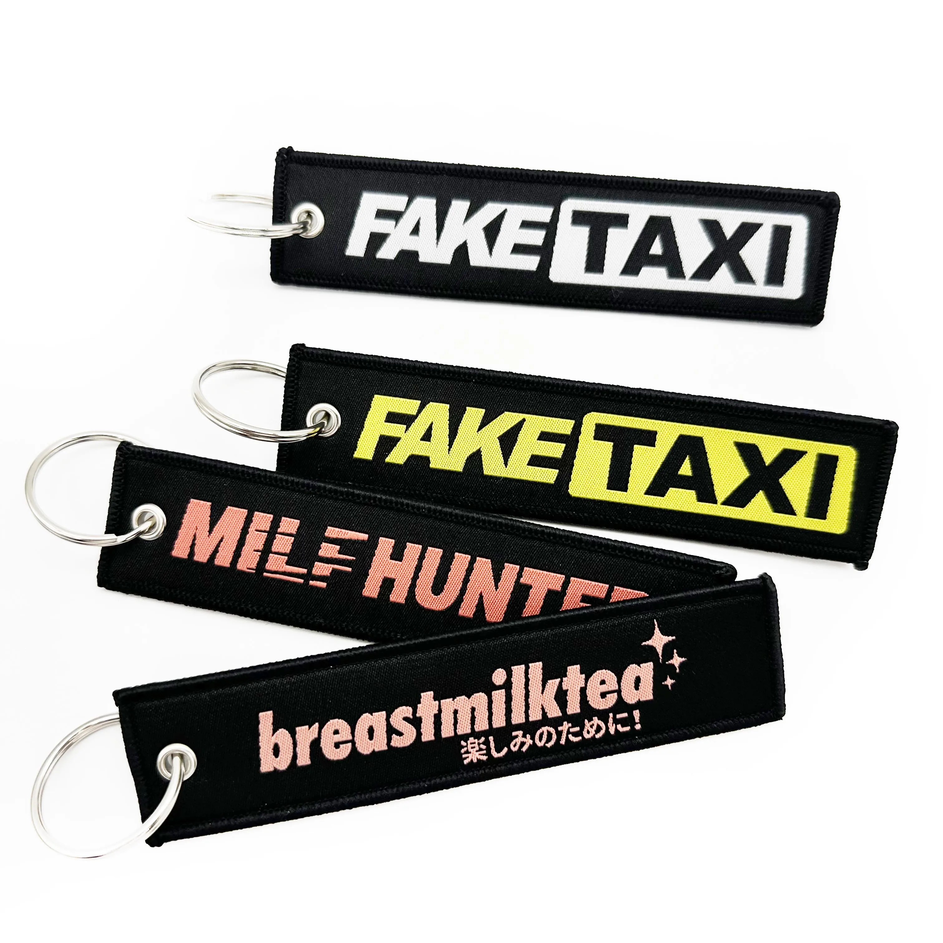 Creative durable custom logo woven embroidery key chain cheap fabric patch key tag blank embroidered keychain custom shape