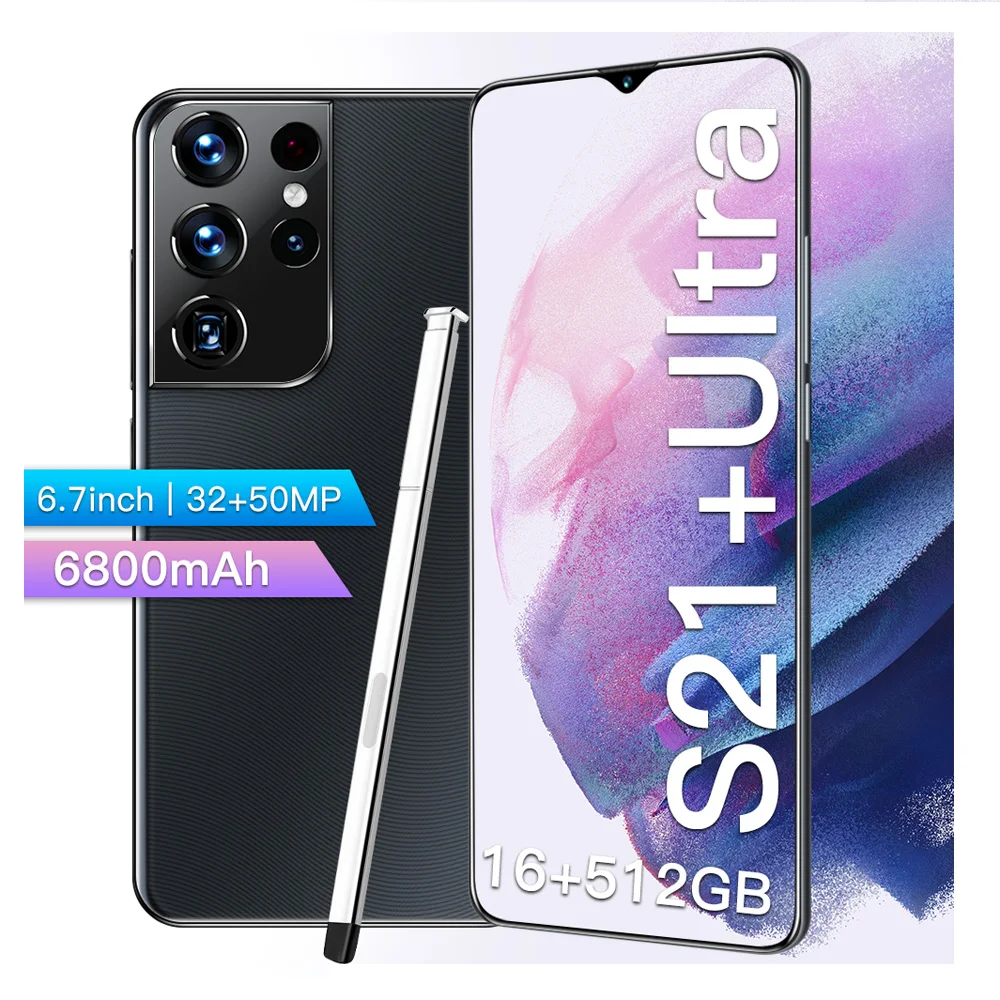 Разблокированный мобильный телефон S21 + U1tra, 6,7 дюйма, HD-камера, 32 Мп + 50 МП, 6800 мАч, две sim-карты, 12 Гб + 512 Гб