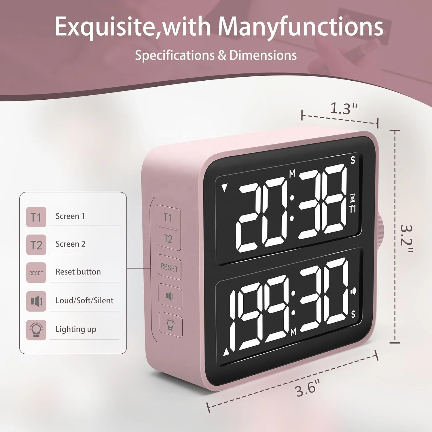 Pink LED dual screen timer positive countdown time 3 levels adjustable volume digital kitchen visual timer
