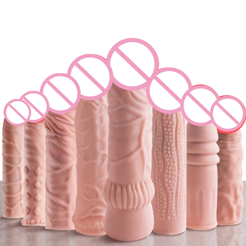R Liquid Silicone Hollow Dildo Reusable Realistic Penis Enlarger Condom Sex Toy Male Cock Ring Delay Ejaculation Penis Extender