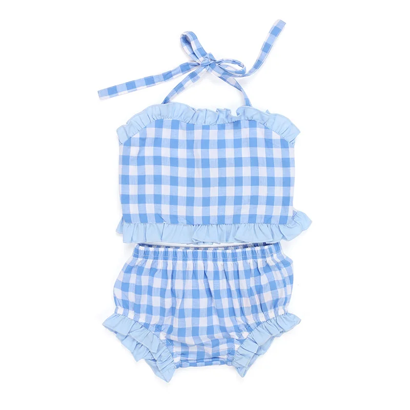 wholesales children girls baby clothes woven plaid 2pc swimsuit girls cotton swimwear