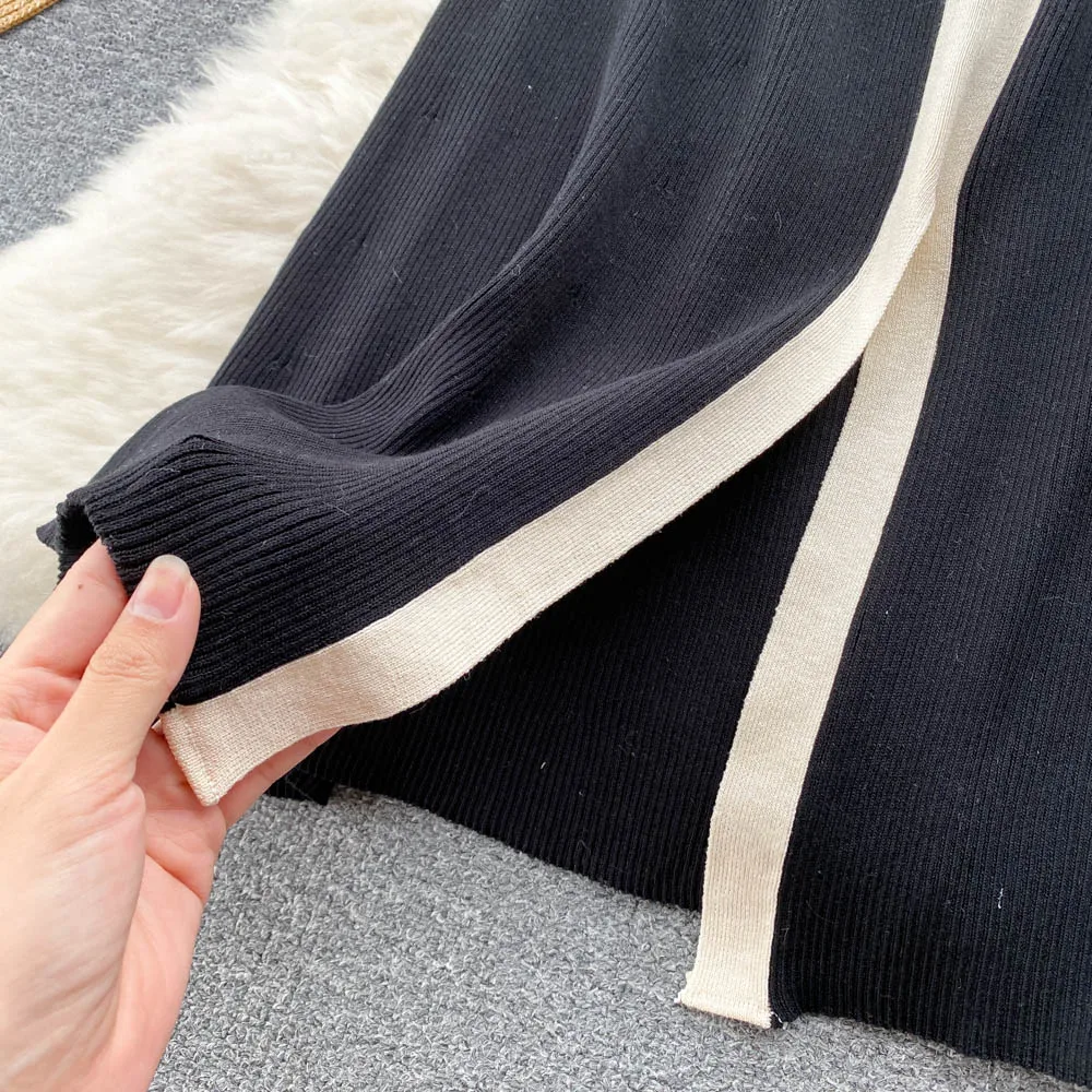 2024 Summer New Knitted Dress Women Contrast Color V Neck Temperament Dress Lady Slimming Short Sleeve Dress