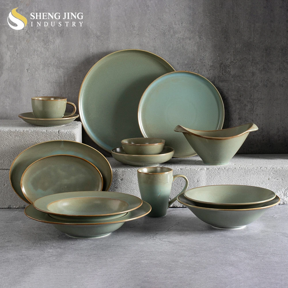 Nordic Green Ceramic Glaze Hotel Porcelain Round Dishes & Plates Restaurant Pottery Dinner Steak Plato Serving Flat Plate