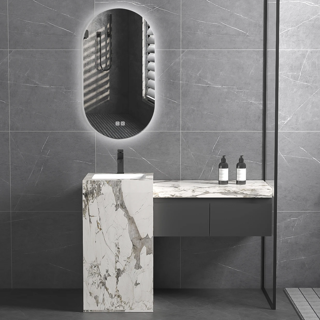 Hotel Home Bathroom Freestanding Marble Hand Wash Basin Lavabo Sintered Stone One Piece Pedestal Sink