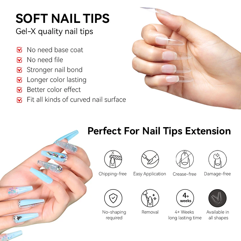 BLUEKINS Gel-x quality nail tips 240Pcs Short Square Coffin Almond Square Frosted Nail Tips Press On Nails Art Gel
