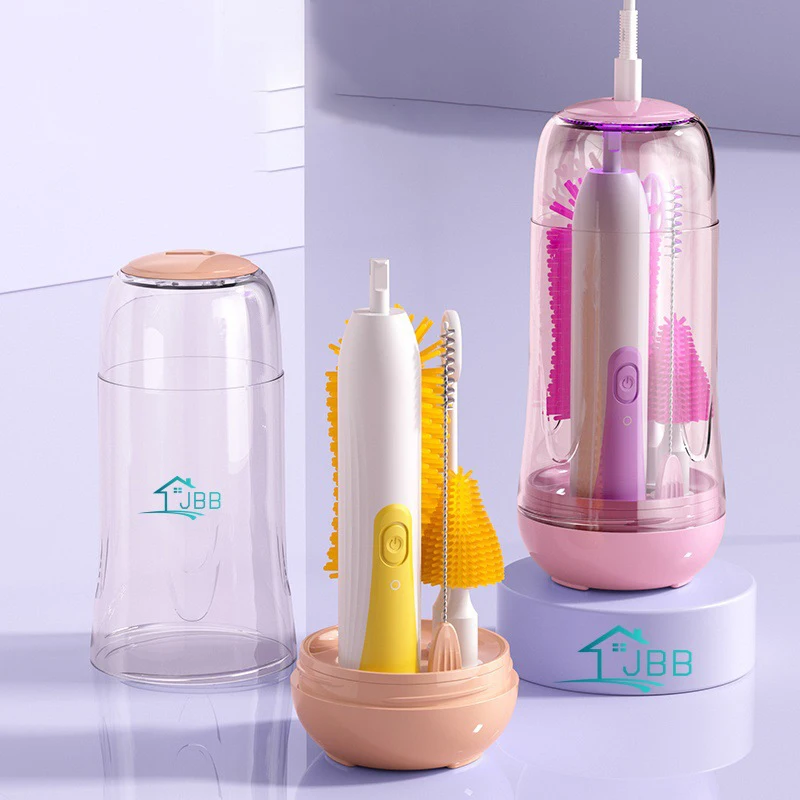 Portable Silicone Baby Bottle Cleaning Brush Set Eco-Friendly Electric Long Hand-Design Travel Brush with Drying Base
