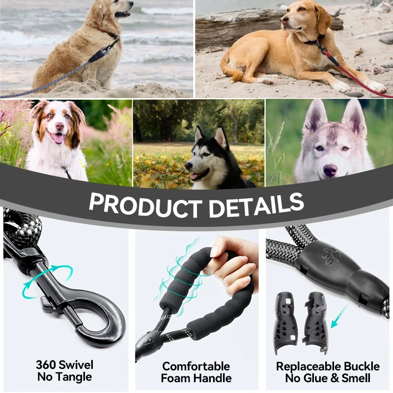 MayPaw Heavy Duty Rope Dog Leash, Nylon Pet Leash, Soft Padded Handle Thick Lead Leash for Large Medium Dogs Small Puppy Black