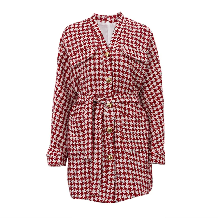 Enyami Elegant Winter Collection Retro Red Houndstooth Fashion Leisure Casual Long Sleeve Cardigan Coat Skirt Co Ord Sets Women