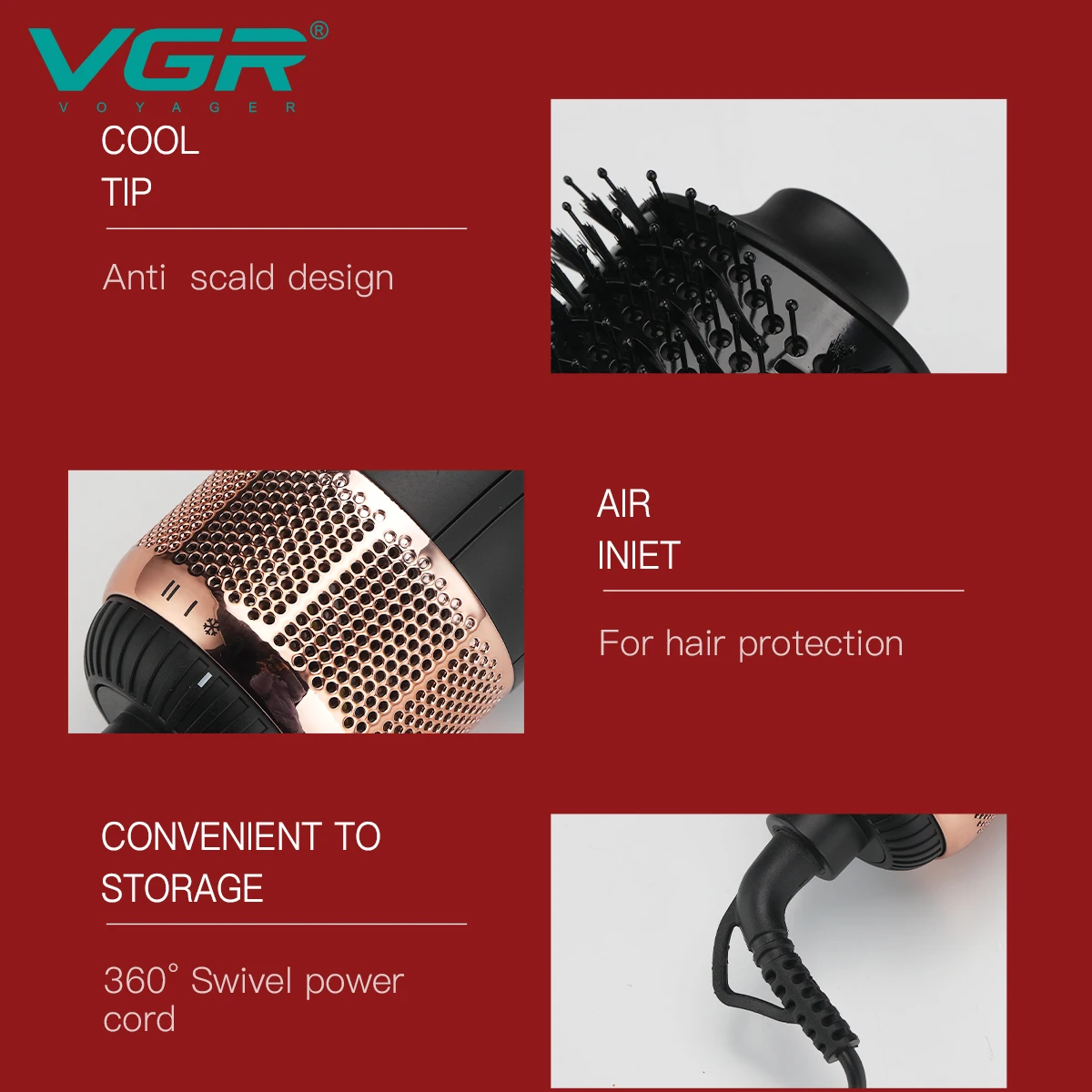 VGR V-492 CE Electric Hair Styling Powerful Hair Dryer Brush Curl and Straighten Hair Professional Hot Air Brush for Women