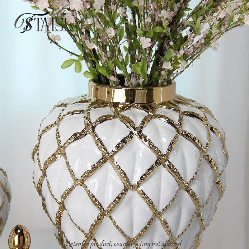 J286GA White and gold cross line ceramic vase gild luxury tabletop decoration textured ginger jar for home decor