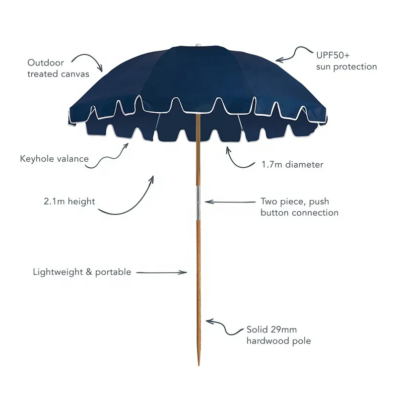 2023 New Factory Portable 7Ft Boho Canvas Canopy Wooden Pole Beach Fringe Umbrella Sun Parasols With Sand Anchor Cotton Tassels