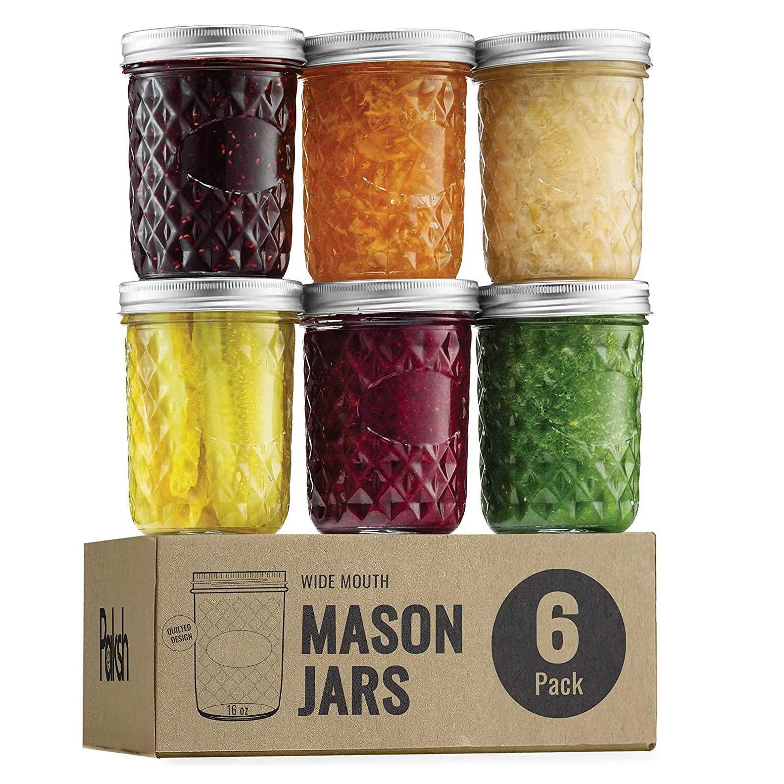 Mason Jar 16 oz 6-Pack Airtight Container for Pickling Canning Quilted Wide Mouth Glass Jars with Lid & Seal Bands