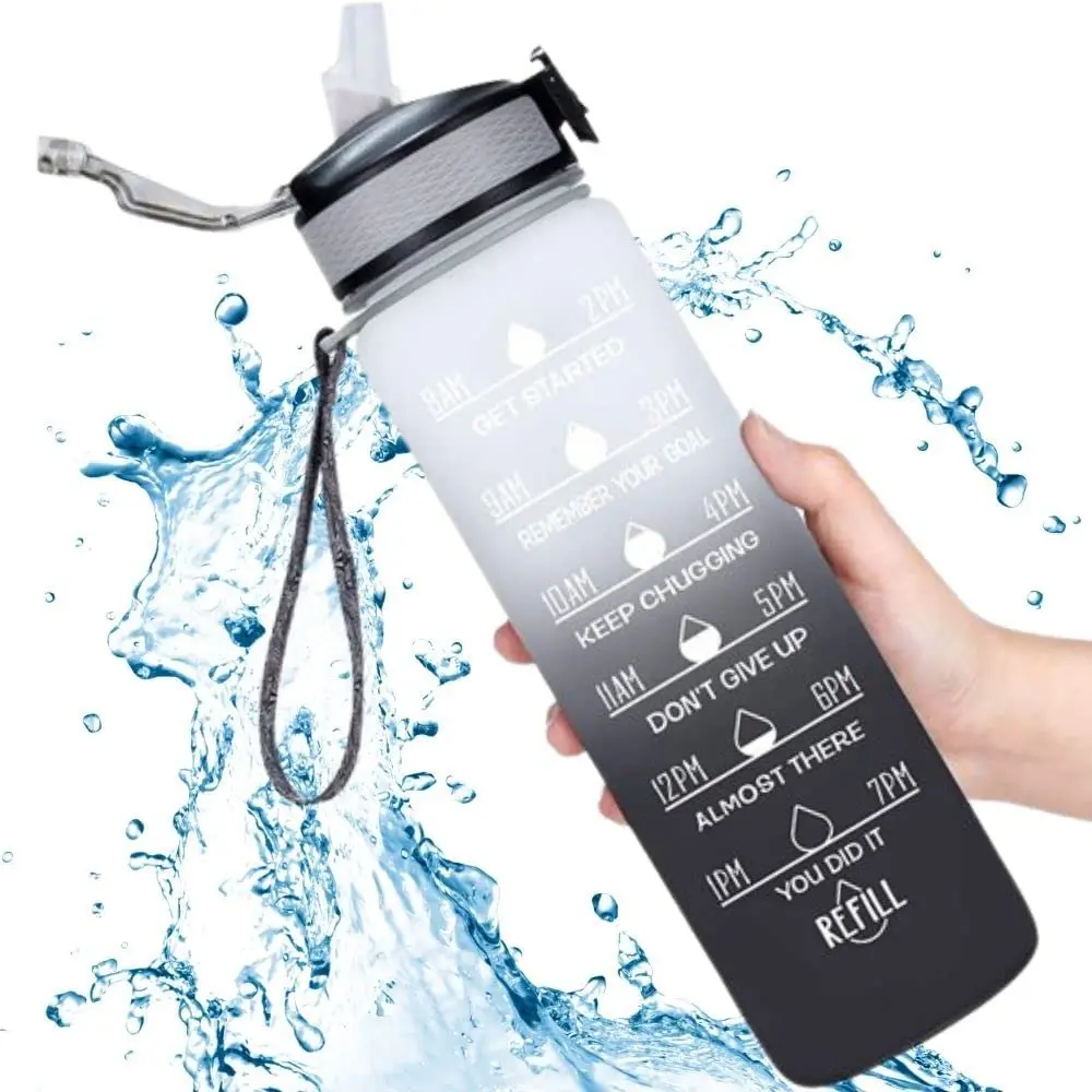 Hiking Water Bottle Frosted Plastic Bottle 1 Liter 32 Oz Motivational Water Bottle With Time Marker Reminder