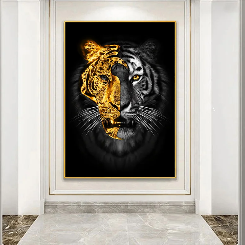 Print Animal Art Gold Black Tiger Painting Modern Poster Wall Picture Wall Art for Living Room Interior Home Decorate
