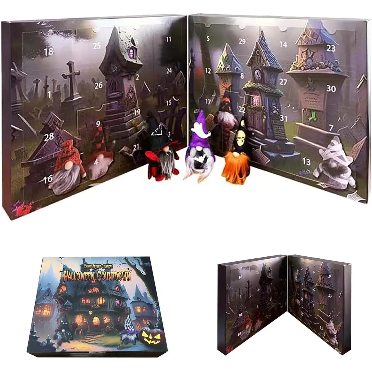 2024 Halloween Gnome Advent Calendar with 24 Collectible Dolls Resin Ornaments Pumpkin Witch