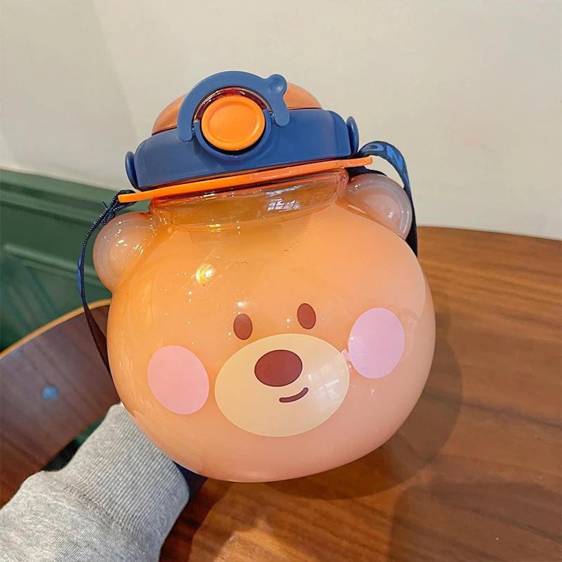 High Quality Cartoon Cute Animal Shaped Kids Plastic Water Bottle With Strap Straw