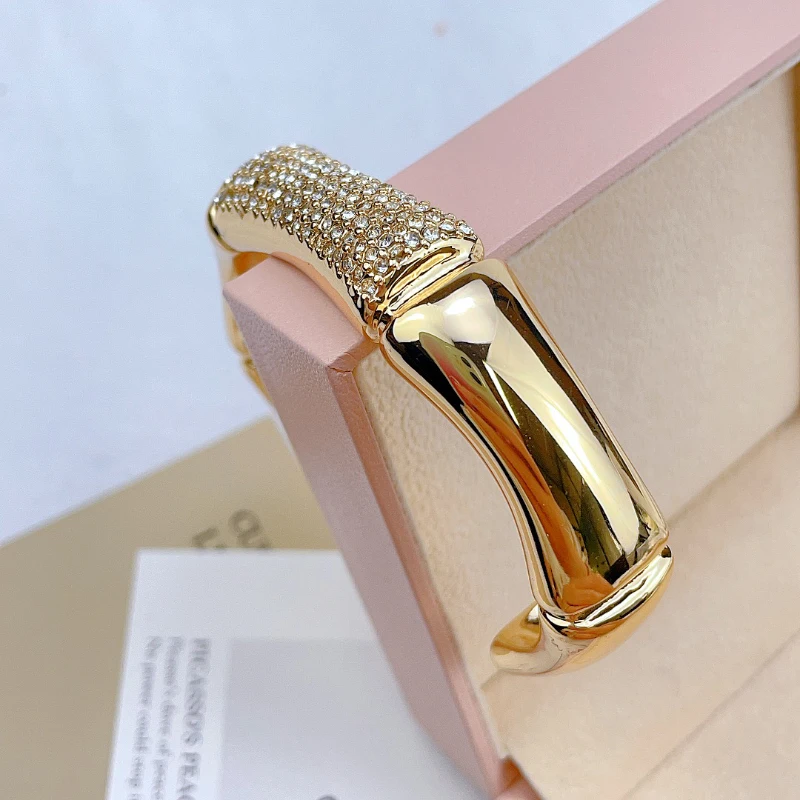 Fashion Hot Selling 18K Gold-plated Bamboo Section Set With Diamond C-shaped Open Bracelet For Women