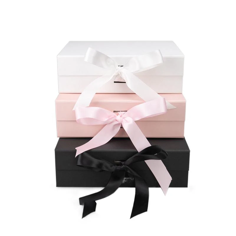 Custom personal logo magnetic black box ready to ship large black luxury gift boxes for gift sets with ribbon