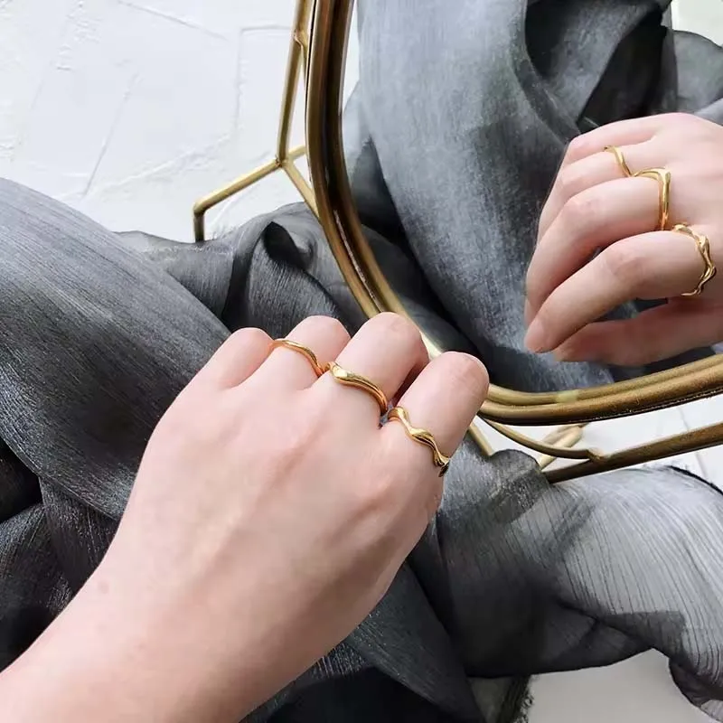 AOFEI Jewelry 18K Gold Plated Wonky Squiggle Stainless Steel Trendy Fashion Wave Ring