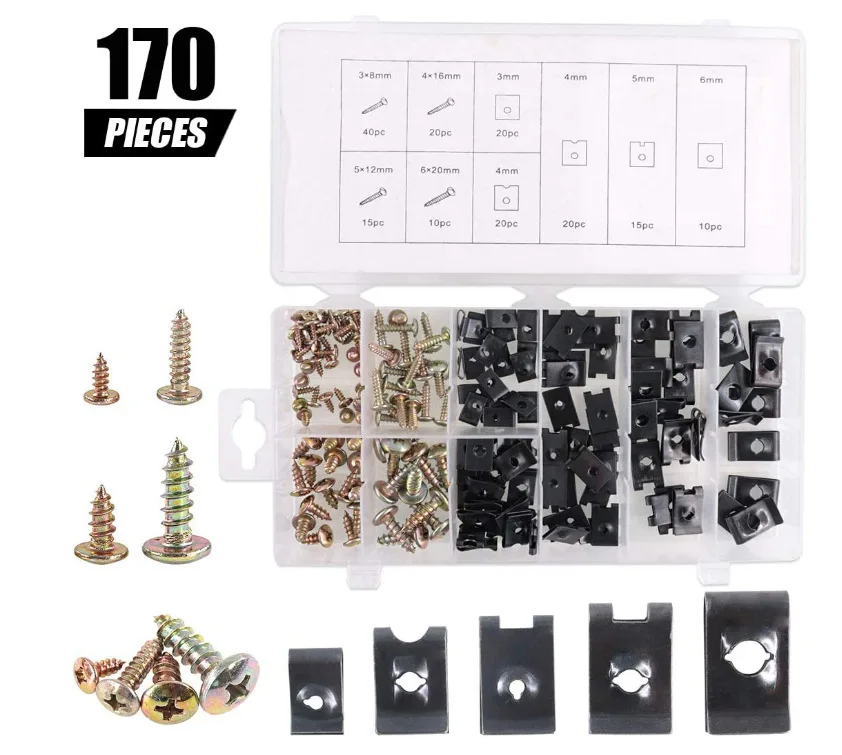 170PCS Car U Clip Fastener with Screw Assortment Kit Automotive Stainless Steel Clip U Nut Metal Clip