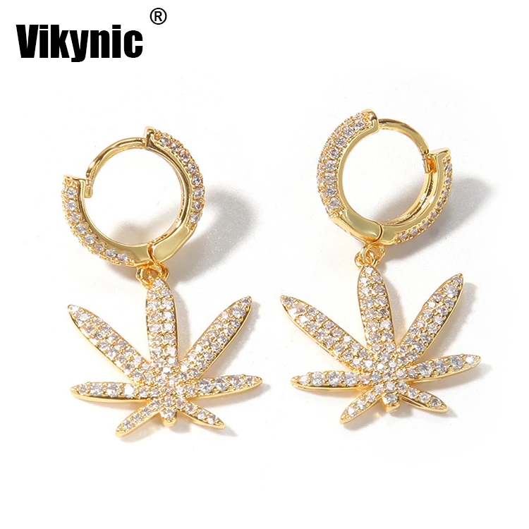 Hot Sale New Full Diamond Hip Hop Piercing jewelry 18k gold plating iced zircon maple leaf earrings