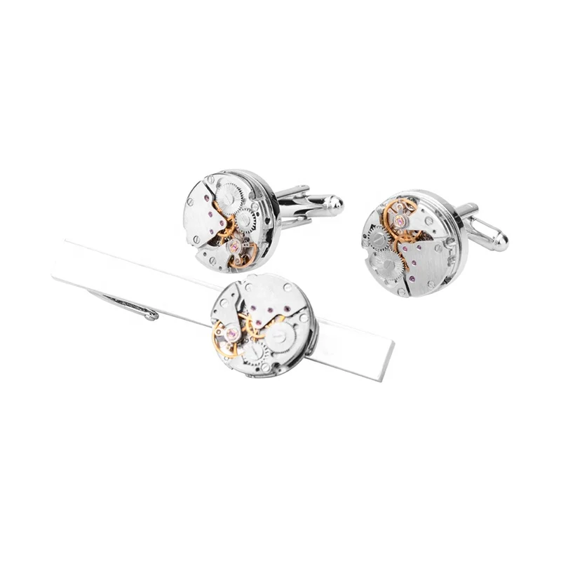 SAVOYSHI Punk Watch Movement Mens Cufflinks Tie Clip Sets High Quality Necktie Pin Tie Bars Clip Clasp Free Carving Name