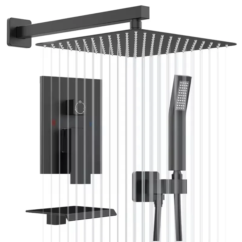 Copper Shower Set Black in Wall Mounted Bathroom Taps Luxury Brass Kits Rain Rainfall Showerset Mixer Faucet Set