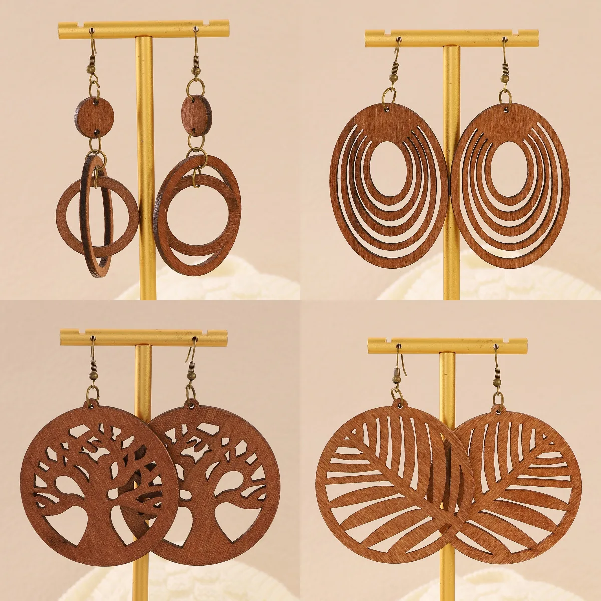 QW-05 Vintage Ethnic Handmade Fashion Women Wood Ear Jewelry Round Oval Geometric Wooden Earrings For Girls