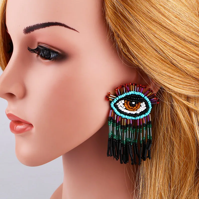Wholesale Bohemian Fashion Long Tassel Creative Cartoon Evil Eye Shape Hand Made Seed Bead Stud Earrings for Women
