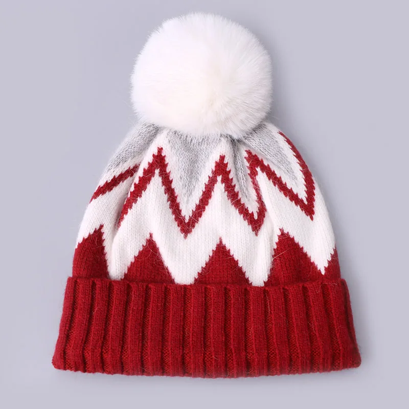 Winter Women Mixed Color Cuff Beanie Faux Fur Pompon Cute Knitted Stripe Patterned Wool Ski Cap Warm Custom Beanie Hat