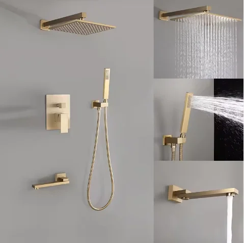 Concealed Shower Waterfall Rain Bathroom 180 rotary Square Brushed Gold bath shower set