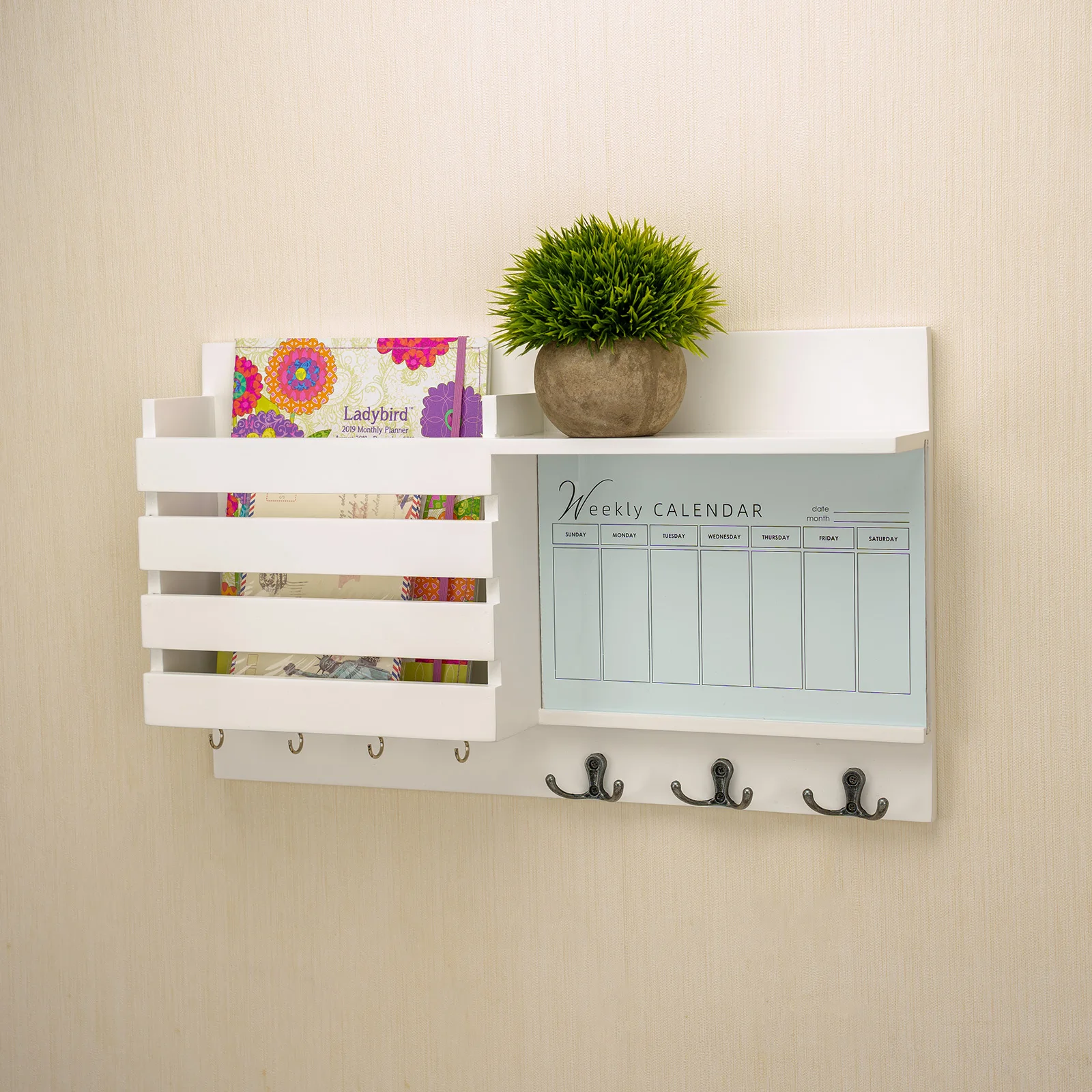 Wall mounted multifunctional wooden organizer with mirror, weekly calendar, and white dry erase board