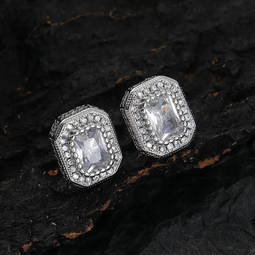 Minimalist Hip Hop Iced Out CZ Stone Rectangle Stud Earrings Rhodium Plated Zircon Crystal Square Earring For Women Men Jewelry