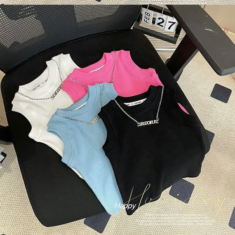 2024 Wholesale Summer Baby Children Tops Sleeveless Cotton Print Casual Girls T-shirts