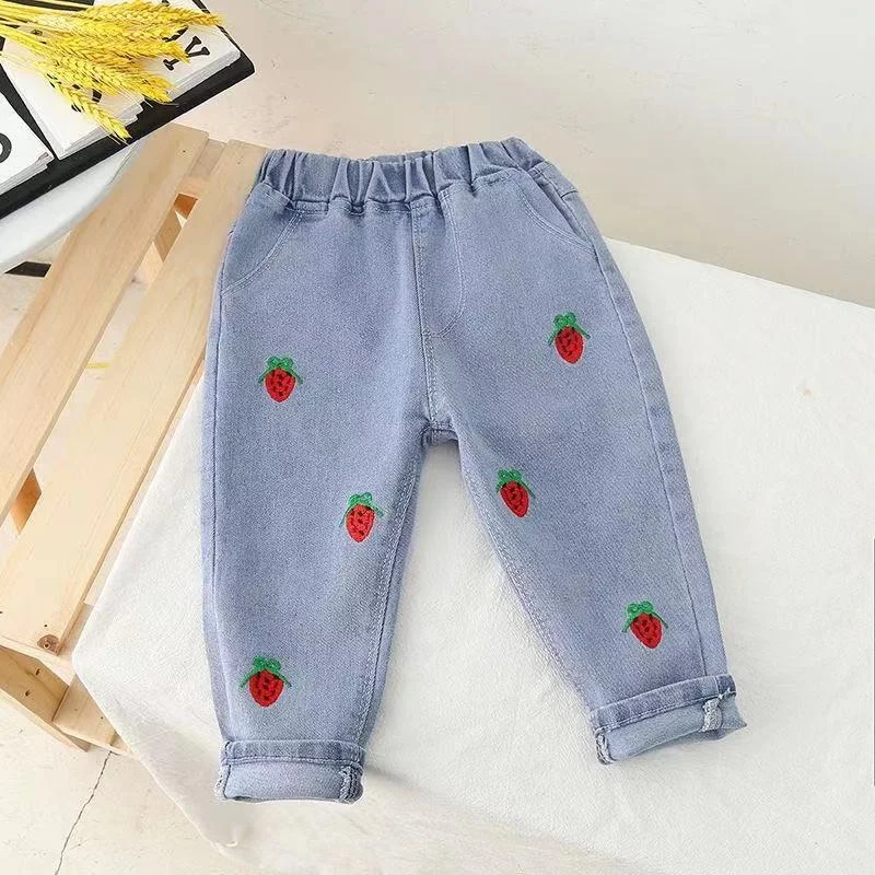 Kids clothes wholesale little girl strawberry print jeans elastic waist long baby pants