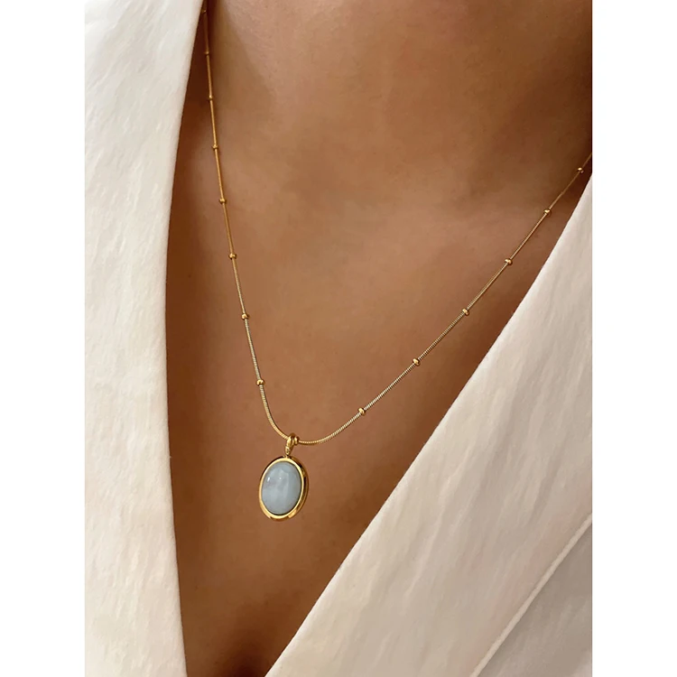 Oval Sky Blue Cymophane Opal 316L Stainless Steel Necklace Clear Stone 18K Gold Plated Necklaces Women French Vintage Jewelry