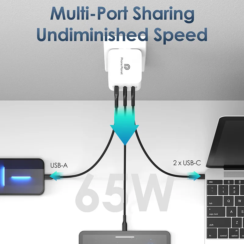 Phone Planet US UK EU AU KS Plug GaN 65W PD USB C Wall Charger For one plus Oppo Macbook pro