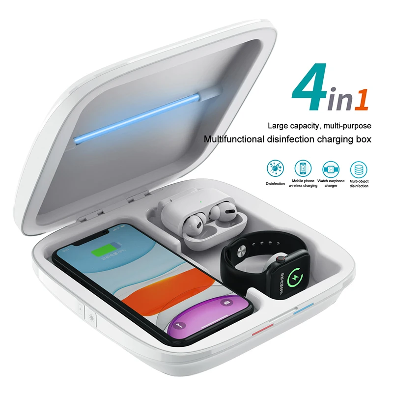 4 in 1 Mobile Phone QI Wireless Charger UVC Sterilization Light UV Sterilizer disinfection Box caja desinfectante esterilizadora