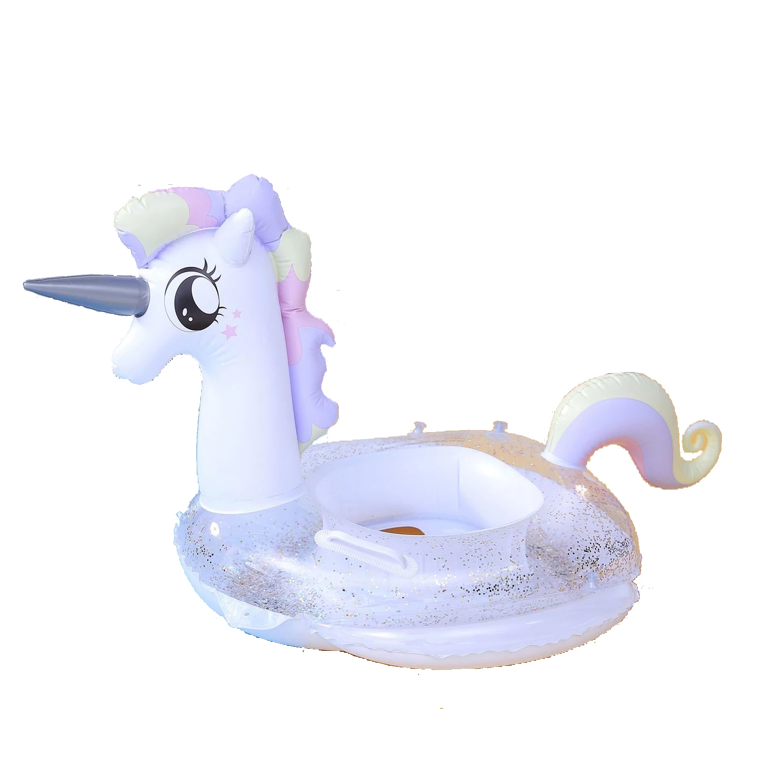 FQY Animal Shaped Transparent Sequins Pony Inflatable Baby Seat Swimming Ring With Air Bag