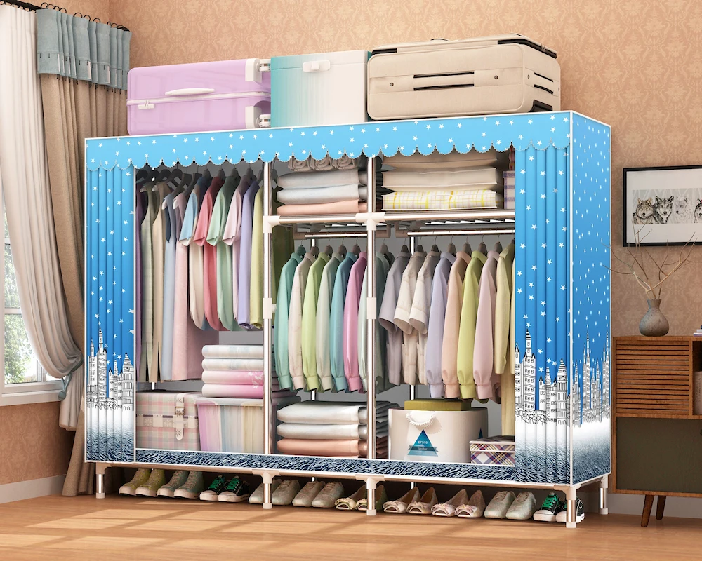 Folding Fabric Wardrobe Bedroom Furniture with PP Plastic Connectors 25mm Galvanized Tube 168cm Width Home Furniture Modern