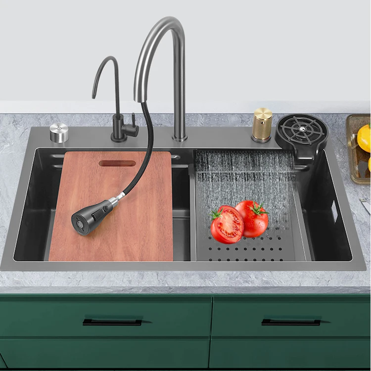 Smart Faucet Nano Black Stainless Steel SUS304 Handmade Kitchen Sink Install on Cabinet