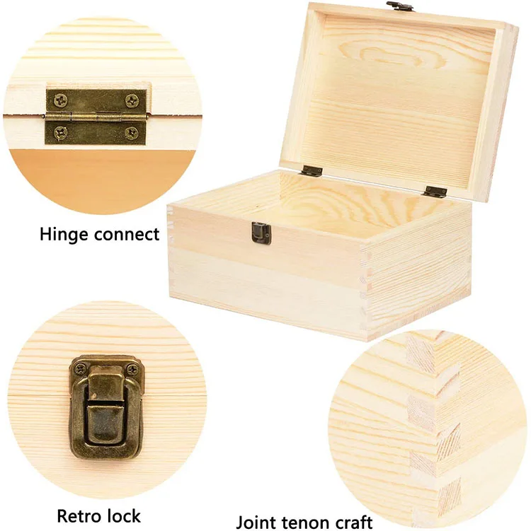 Extra Large Rectangle Unfinished Pine Wood Box Natural Craft Stash Boxes with Hinged Lid and Front Clasp